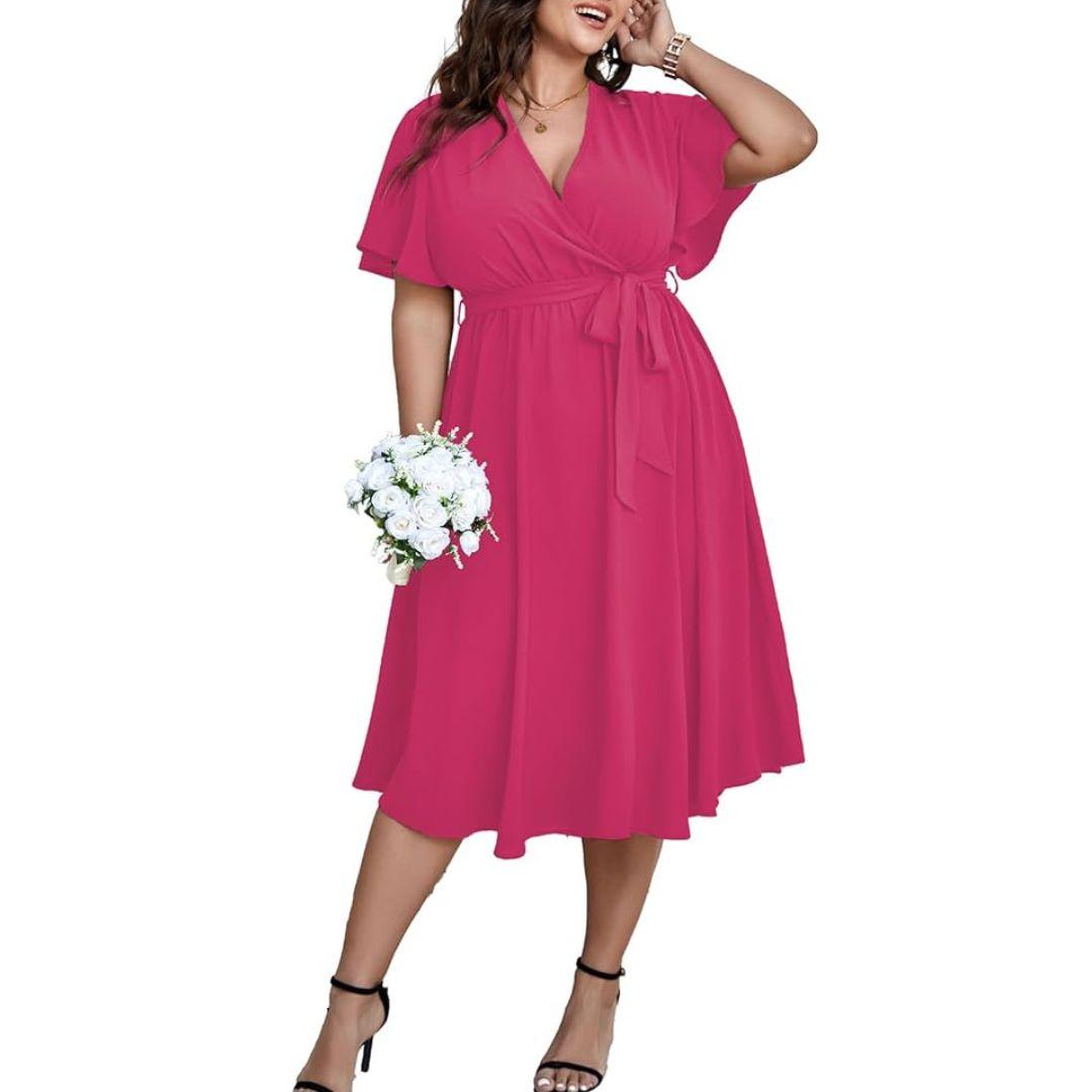 Plus Size 3/4 Wrap Dress - Short Sleeve